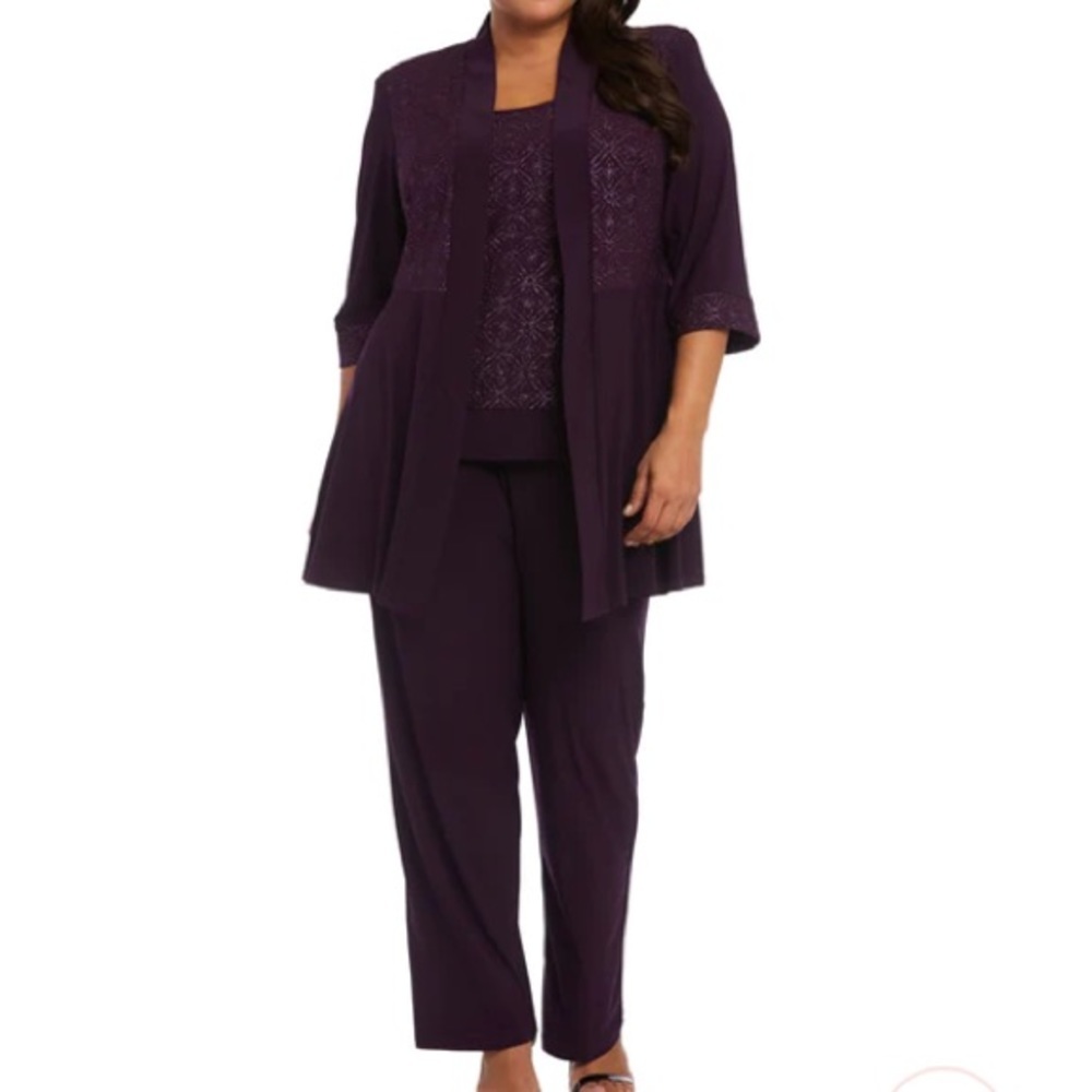 R&M Richards 2 PC Lace and Sequin Pant with Matching Jacket Plum 16W